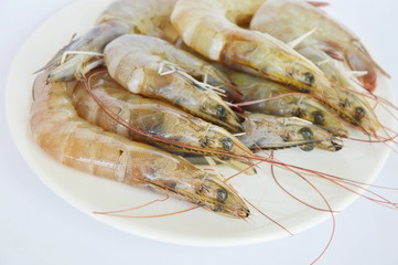 raw shrimp on dish in white background