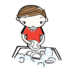 vector of cartoon boy wash dishes in sink