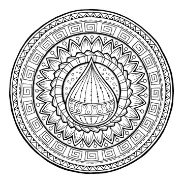 Doodle water drop on tribal circle ornament. Hand drawn art spring mandala.