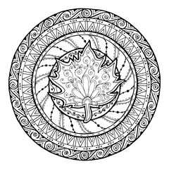 Autumn theme. Circle tribal doodle ornament. Hand drawn maple leaf art mandala.