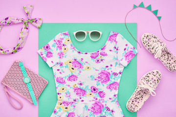 Fashion. Clothes Accessories fashion Set. Trendy Wrist Watches, Stylish woman dress, Summer accessories, Glamor Sunglasses, Gumshoes. Summer fashion girl Outfit, accessories. Fashion summer Overhead