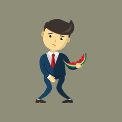 Man eating Watermelon. He wants to pee and is holding his bladder. Guy needing to urinate by covering his crotch hand, must holding a toilet. Incontinence concept. Flat cartoon vector illustration