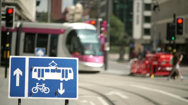 Urban tramway in Birmingham, England.
