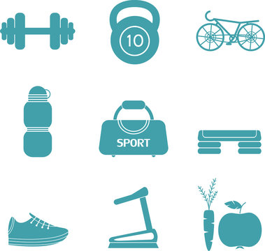 Sport equipment and health life. Flat icons set