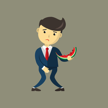 Man Eating Watermelon. He Wants To Pee And Is Holding His Bladder. Guy Needing To Urinate By Covering His Crotch Hand, Must Holding A Toilet. Incontinence Concept. Flat Cartoon Vector Illustration