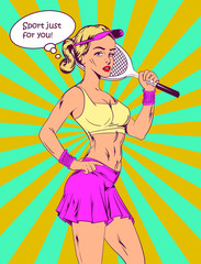 the tennis girl in t-shirt and skirt in the style of comic books