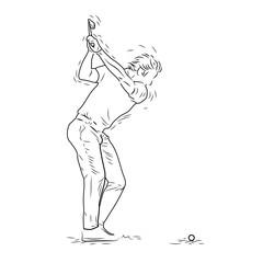 Golf Player in Swing Action, Golf Sport Motion, Hand Drawn Sketch