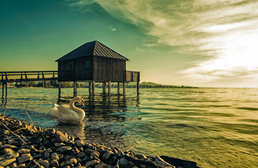 Bathhouse at Lake Constance with Sunset