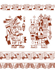 sketch drawing aztec pattern cacao tree, mayans, cacao beans and