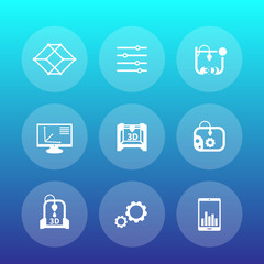 3d printer round icons, additive manufacturing, printing