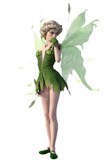 3d render of young beautiful Nymph with fancy hairstyle in bright green outfit isolated on white