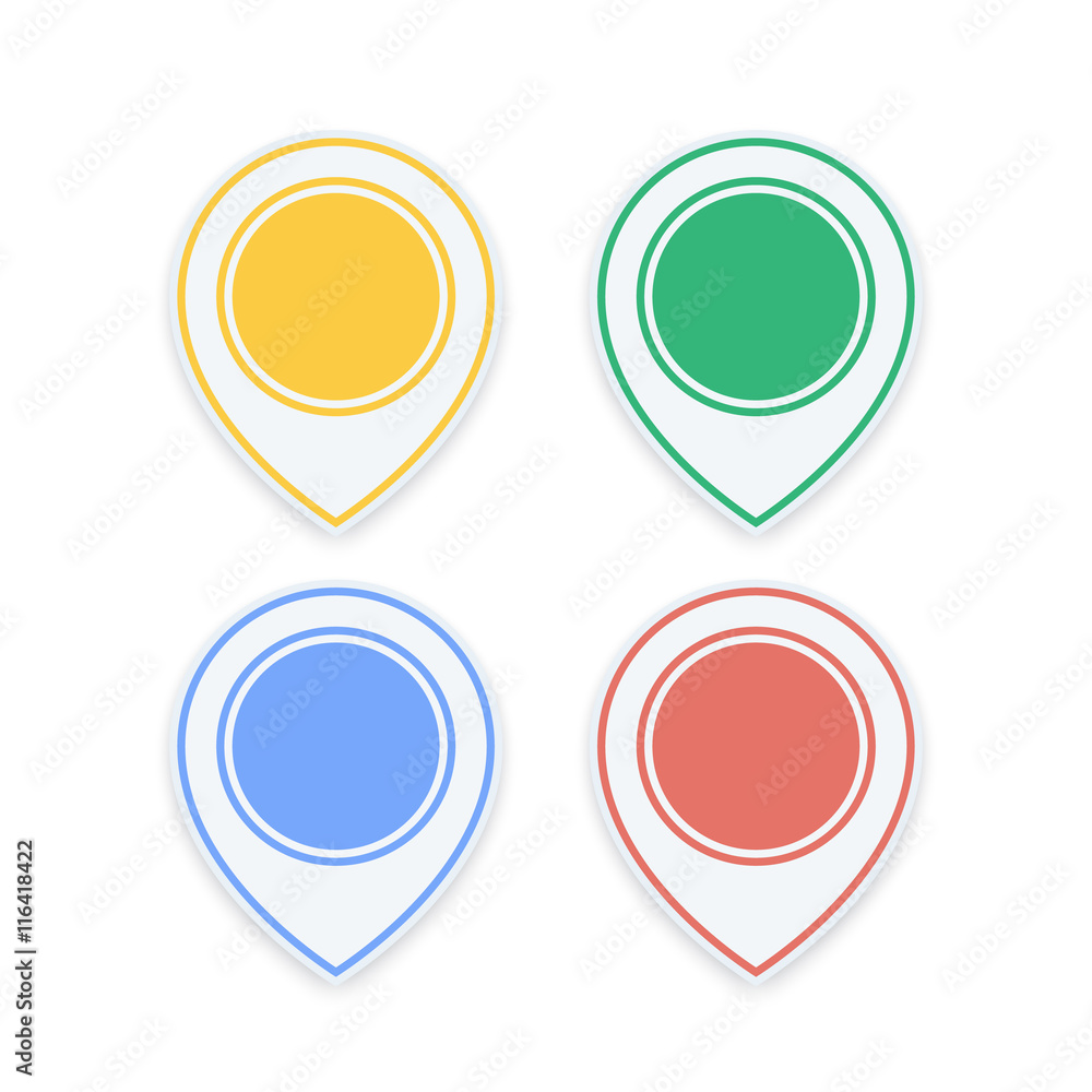 Poster map pointer icons on white, location, navigation marks