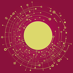 Obraz premium Colorful background with a round banner. Empty space for text. Crossing the gold dots, circles, lines, symbols. The chaotic motion. Theme of medicine, science, technology, communications. 