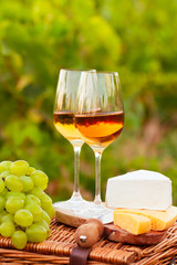 Various sorts of cheese, Two glasses of white wine in the garden