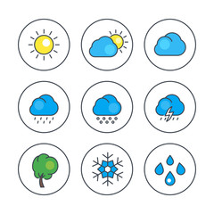 Obraz premium Weather line icons with color filling, rain, snowflake, hail, wind, sun, snow, clouds