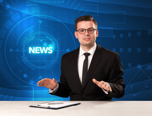 Modern televison presenter telling the news with tehnology backg
