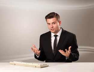 Televison host in live show with blank background