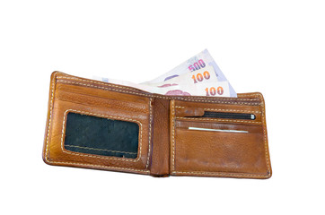 Brown Money & wallet on white background , Thailand banknotes