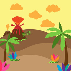 Fototapeta na wymiar Cute Cartoon Vector Background of Desert, Jungle or Dinosaur Era Landscape