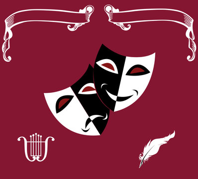 Theatrical icons: masks, lyre, feather, scrolls