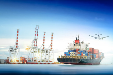 Naklejka premium Logistics and transportation of Container Cargo ship and Cargo plane with working crane bridge in shipyard background, logistic import export background and transport industry.