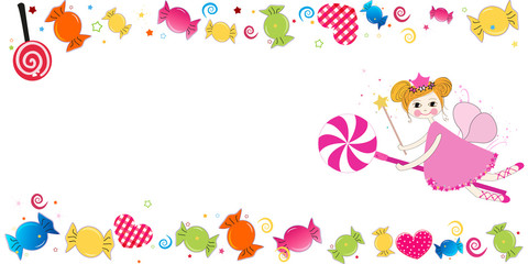 Colorful sweet candies. Traditional candies for Seker Bayram holiday. Greeting Card vector illustration. Lovely fairy with candy vector illustration