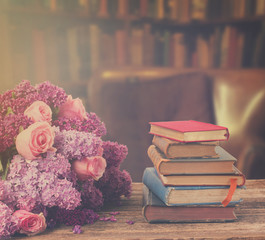 Bookshelf with flowers