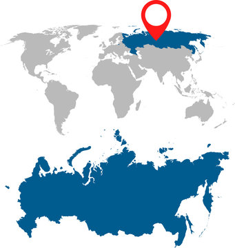 Detailed map of Russia, Russian Federation and World map navigation set. Flat vector illustration.