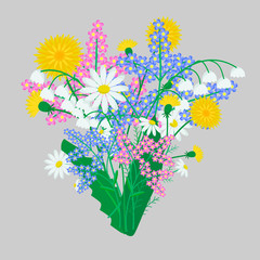 vector illustration bouquet of wild flowers daisy dandelion lily on a gray background
