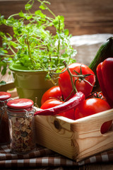 Vegetables in a wooden box.