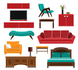 Stylish simple style furniture icons set: sofa, table, armchair, chair, cupboard, bed. Flat style vector illustration.