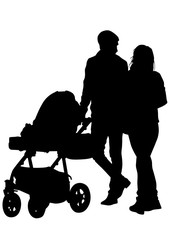 Families with child and carriage on white background