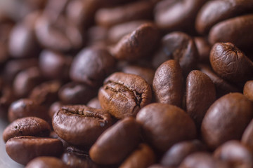 Closeup of coffee beans with selective focus