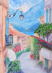 Small town street view in Bellagio, Lake Como Italy