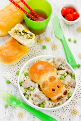 Snack patties stuffed with green peas and egg for baby dining meal