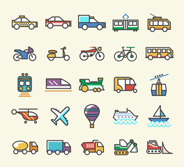 Set of 25 Minimalistic Solid Line Coloured nsport Icons. Isolated Vector Elements.