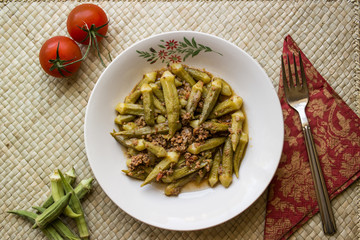 Bamya / Okra / Turkish traditional food with minced meat