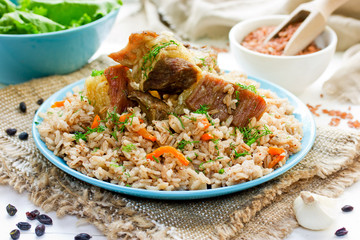 Rice pilaf with lamb meat and vegetables