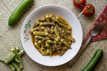 Bamya / Okra / Turkish traditional food with minced meat