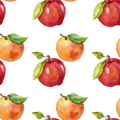 Apple and orange. Seamless watercolor pattern
