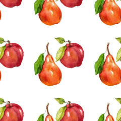 Watercolor seamless pattern with fruits Apple and pear
