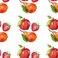 Watercolor seamless pattern with fruits Apple Pear Strawberry