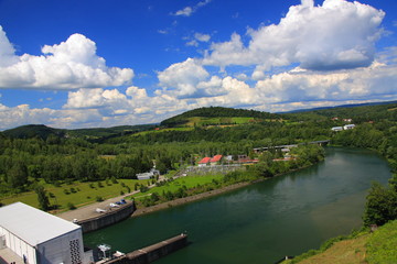 Fototapeta premium Landscape of the River San in front of the dam in Solina (Bieszczady, Poland)