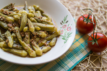 Bamya / Okra / Turkish traditional food with minced meat