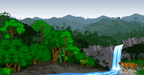 Vector Jungle Rainforest with waterfall and jaguar © Save Jungle