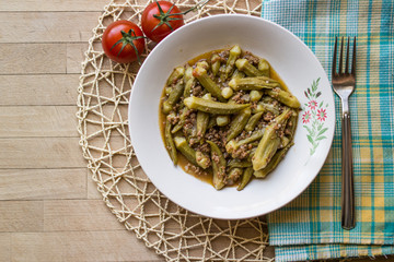 Bamya / Okra / Turkish traditional food with minced meat