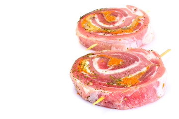 Roll of Bacon with Mushrooms, Carrots, Greens, Barbecue Grill