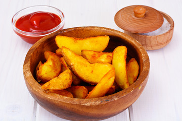Potato Wedges, Potatoes in a Rural with Tomato Ketchup