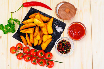 Potato Wedges, Potatoes in a Rural with Tomato Ketchup