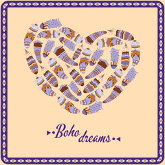 Bohemian style poster with feathers, arranged in heart